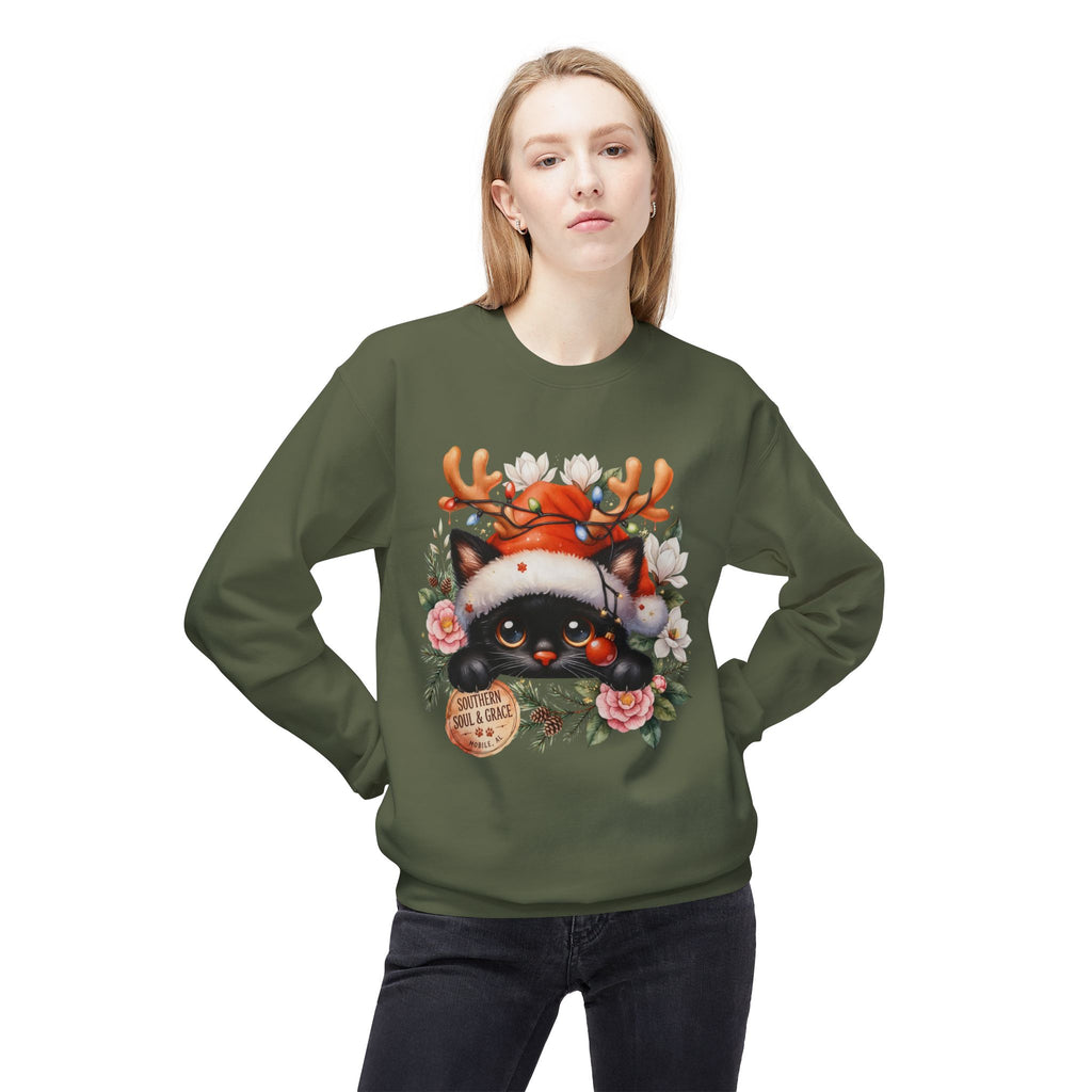 Christmas Black Cat Sweatshirt – Cute Cat in Santa Hat with Reindeer Antlers & Floral Wreath
