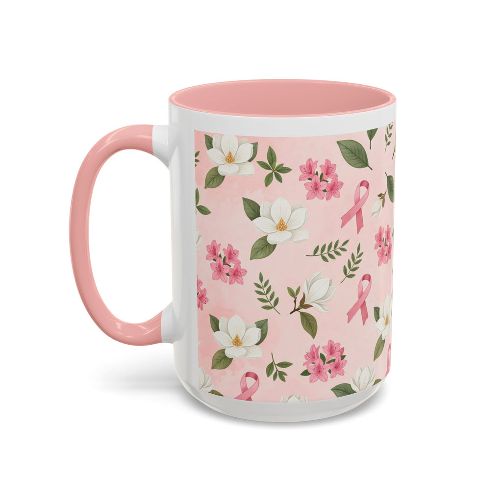 Breast Cancer Awareness Floral Coffee Mug (Pink Ribbon Accent)
