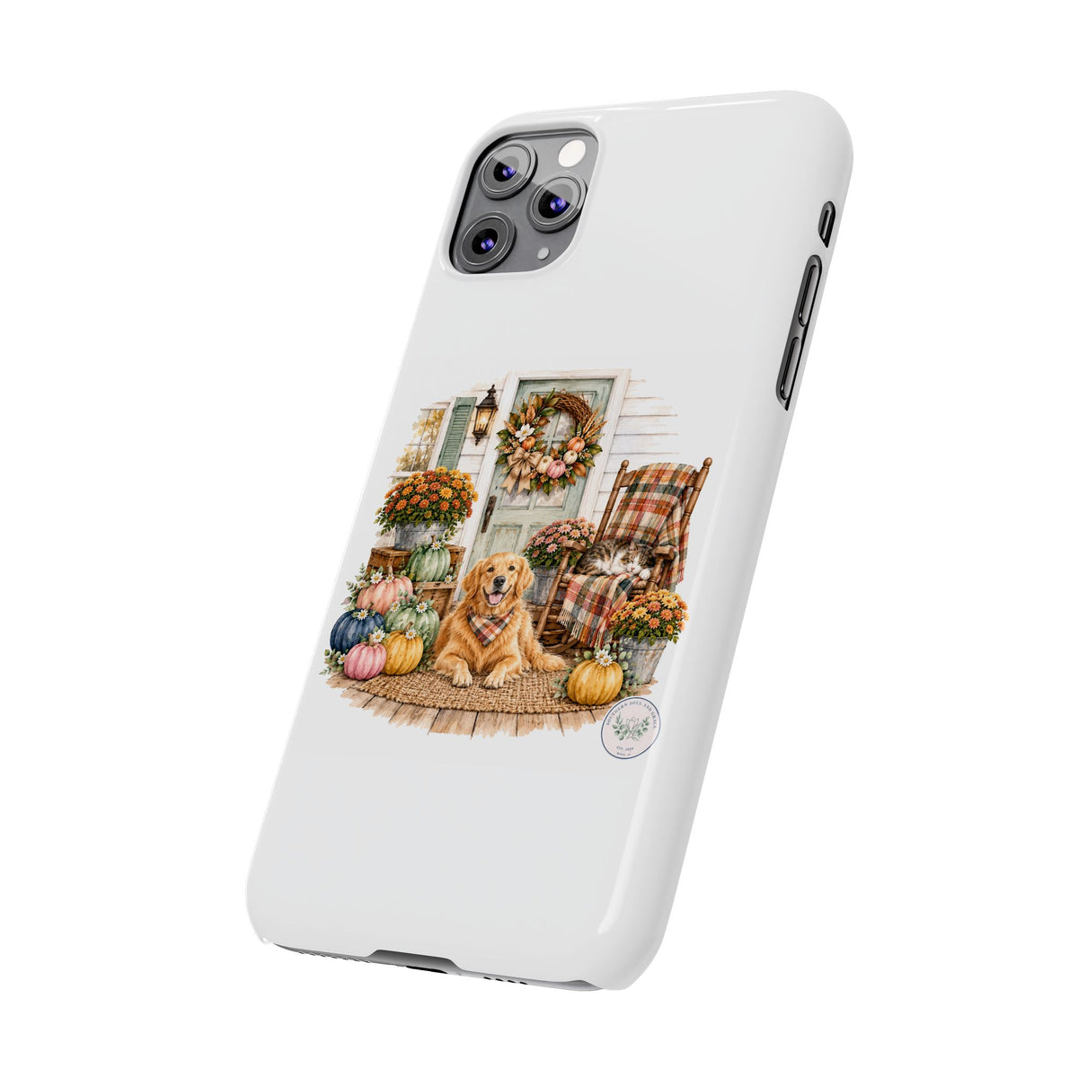 Autumn Porch Phone Case — Golden Retriever & Pumpkin Fall Design