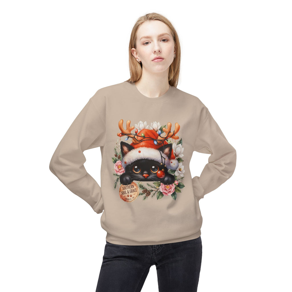 Christmas Black Cat Sweatshirt – Cute Cat in Santa Hat with Reindeer Antlers & Floral Wreath