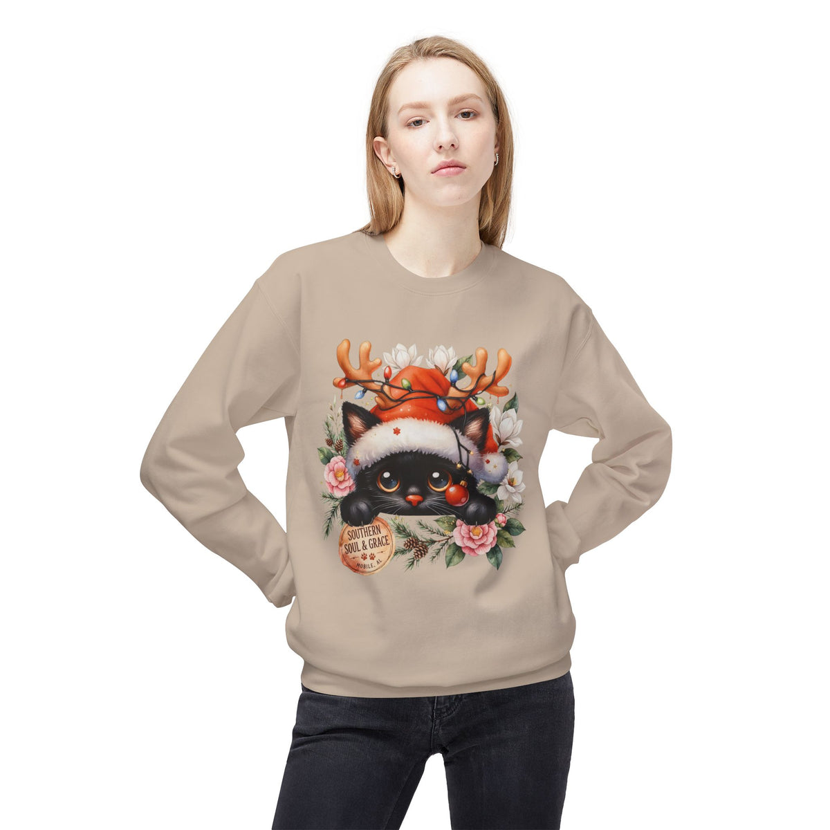 Christmas Black Cat Sweatshirt – Cute Cat in Santa Hat with Reindeer Antlers & Floral Wreath