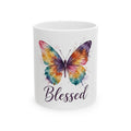 Blessed ceramic mug with colorful watercolor butterfly design