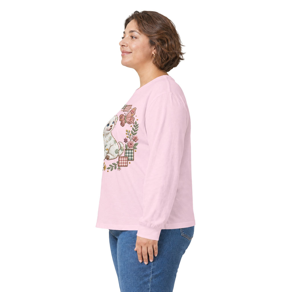 Cute Puppy Wreath Long Sleeve Tee — Floral Paw & Butterfly Design