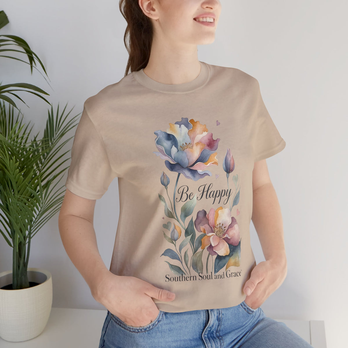 Be Happy Floral Tee — Watercolor Flowers Inspirational Quote T-Shirt