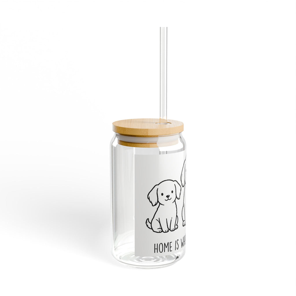 Sipper Glass – "Home Is Where The Dogs Are" 16oz Cute Puppy Drink Jar with Bamboo Lid & Straw