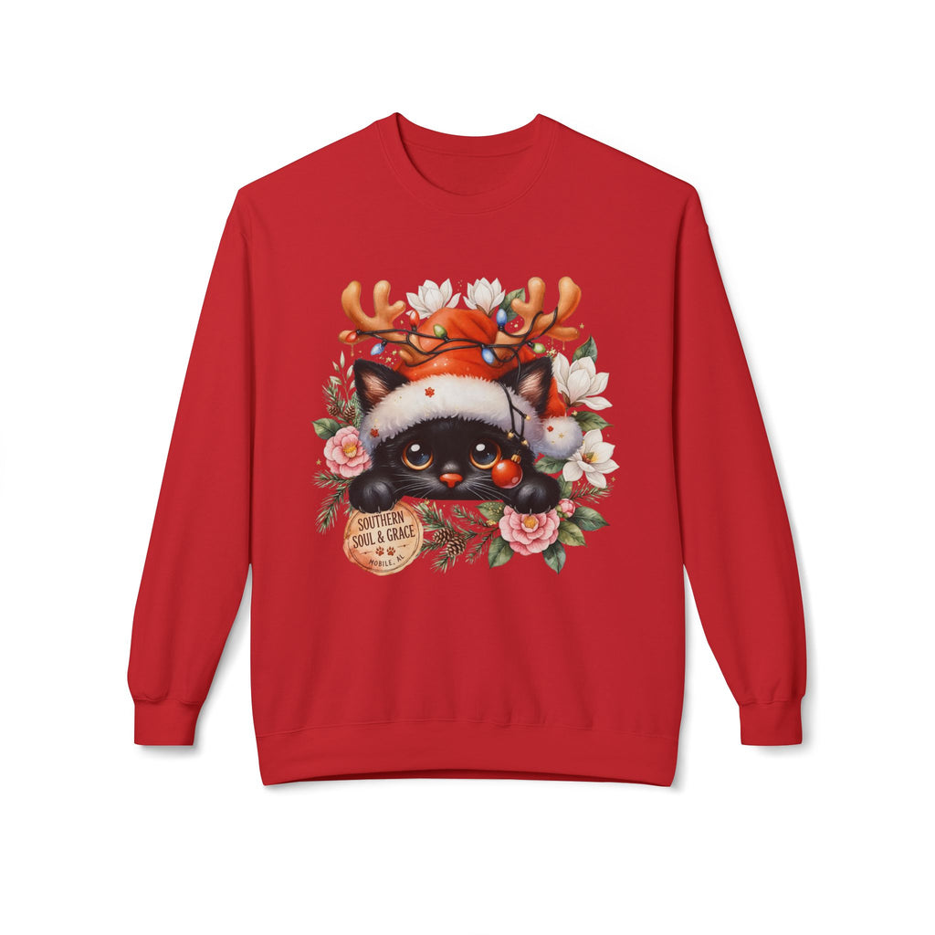 Christmas Black Cat Sweatshirt – Cute Cat in Santa Hat with Reindeer Antlers & Floral Wreath