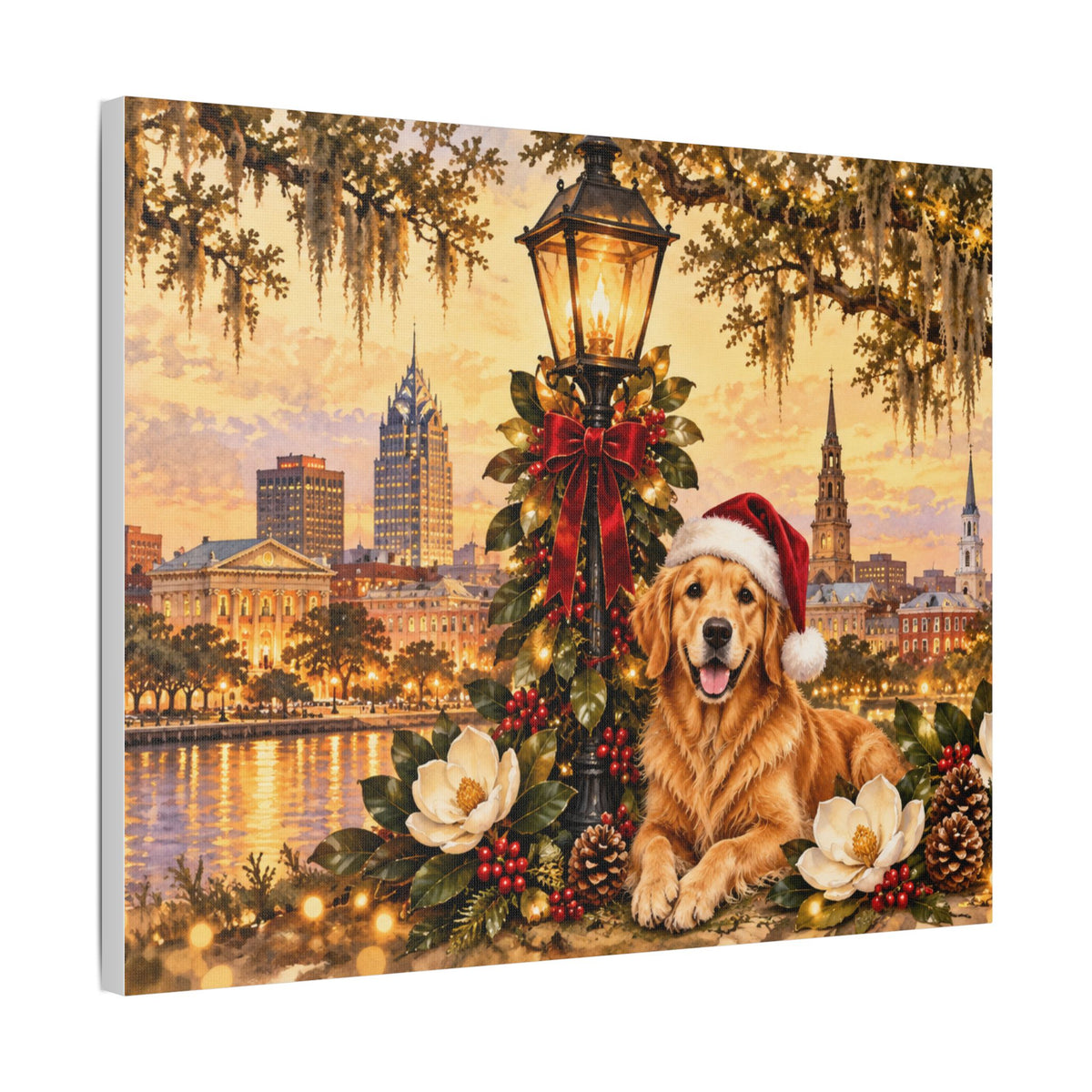 Golden Retriever with Santa Hat Satin Canvas Mobile Alabama Landscape - view 19
