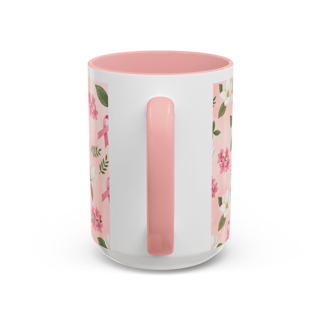 Breast Cancer Awareness Floral Coffee Mug (Pink Ribbon Accent)