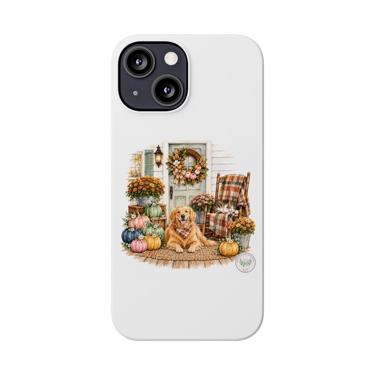 Autumn Porch Phone Case — Golden Retriever & Pumpkin Fall Design