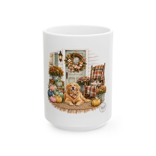 Autumn Porch Golden Retriever Ceramic Mug – Fall Pumpkin & Plaid Coffee Cup (11oz/15oz)