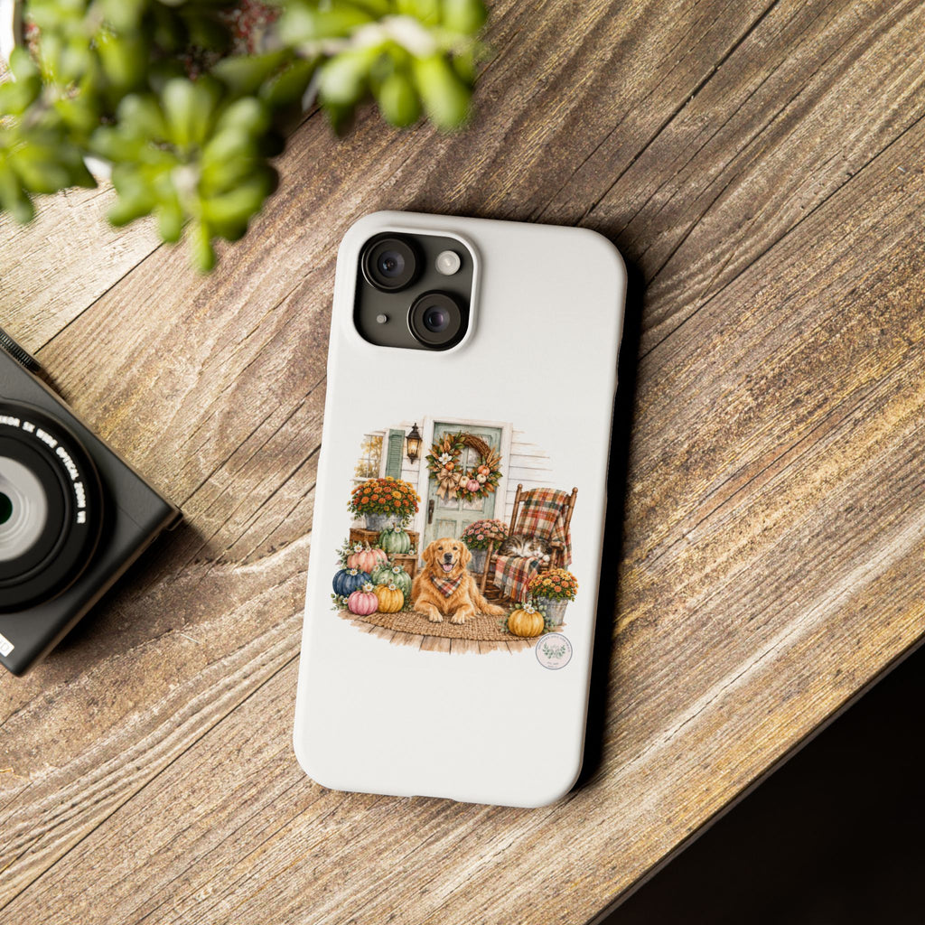 Autumn Porch Phone Case — Golden Retriever & Pumpkin Fall Design