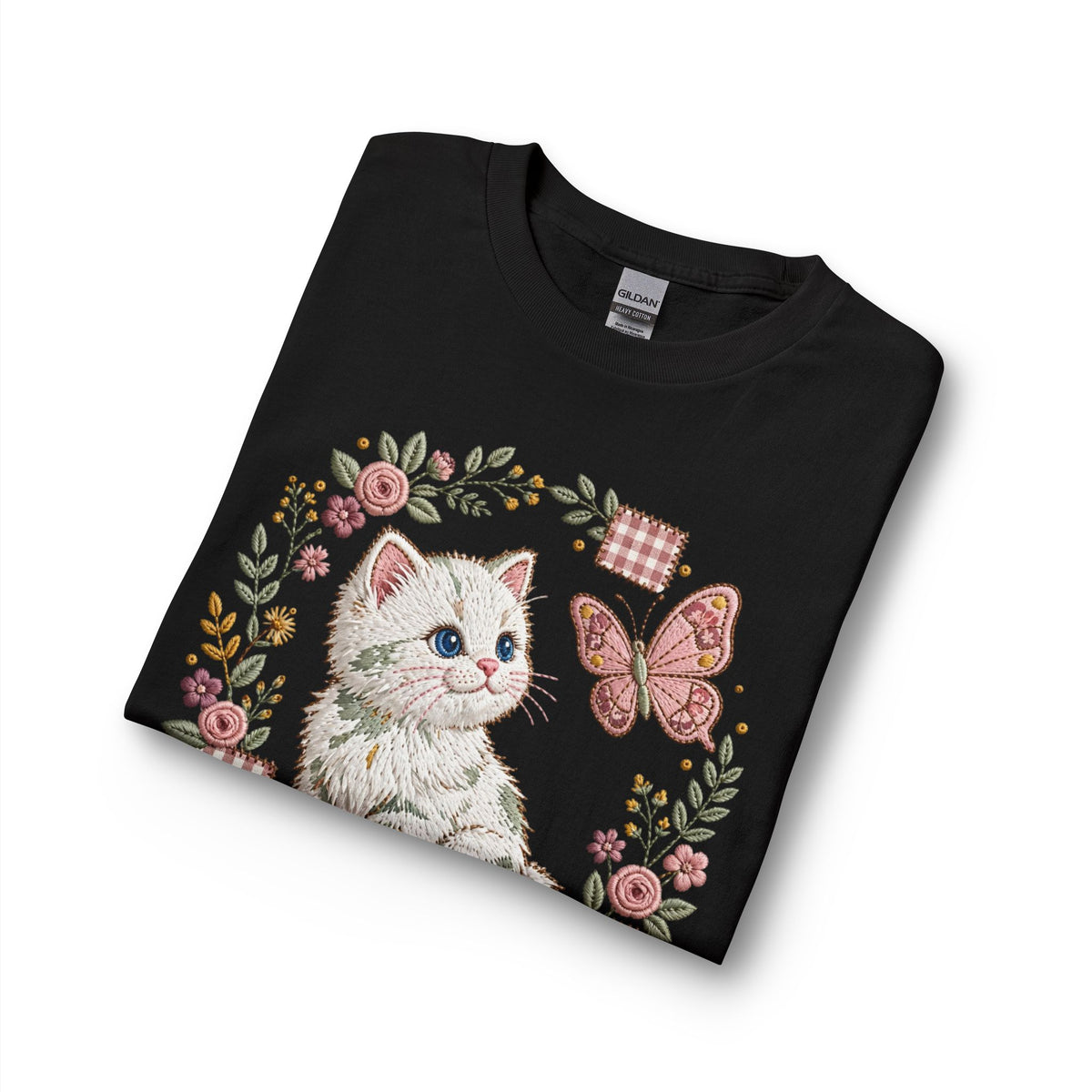Cute Kitten & Butterfly Long Sleeve Tee — Floral Vintage Cat Shirt