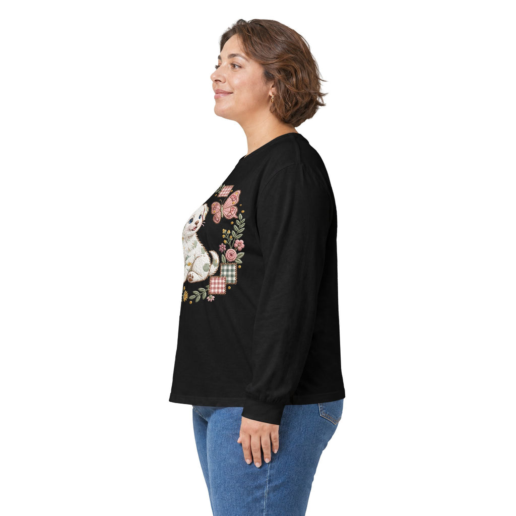Cute Puppy Wreath Long Sleeve Tee — Floral Paw & Butterfly Design