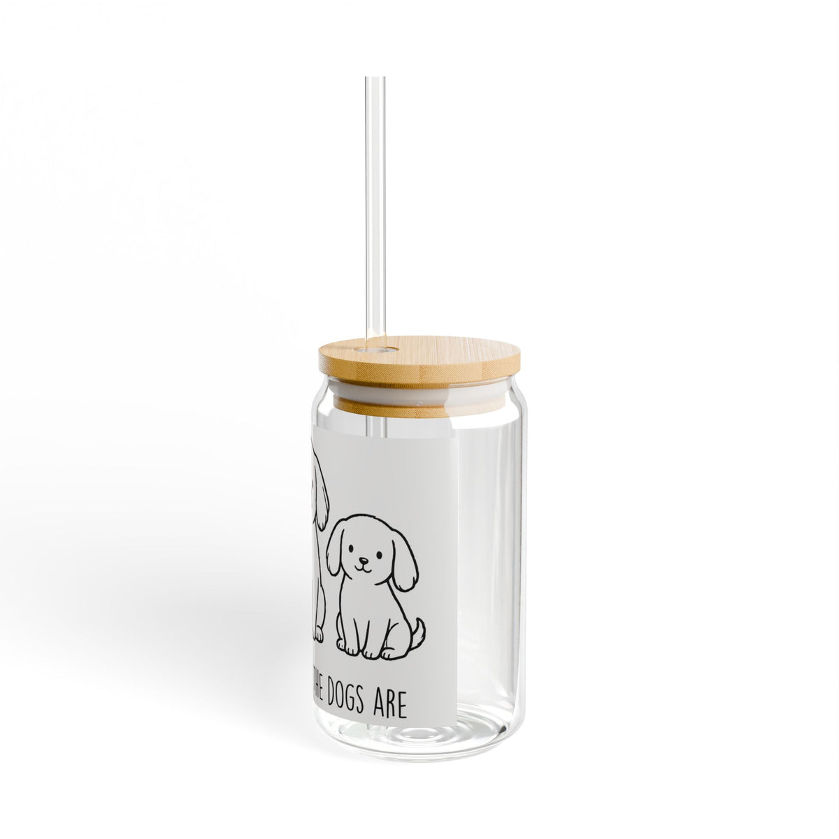 Sipper Glass – "Home Is Where The Dogs Are" 16oz Cute Puppy Drink Jar with Bamboo Lid & Straw
