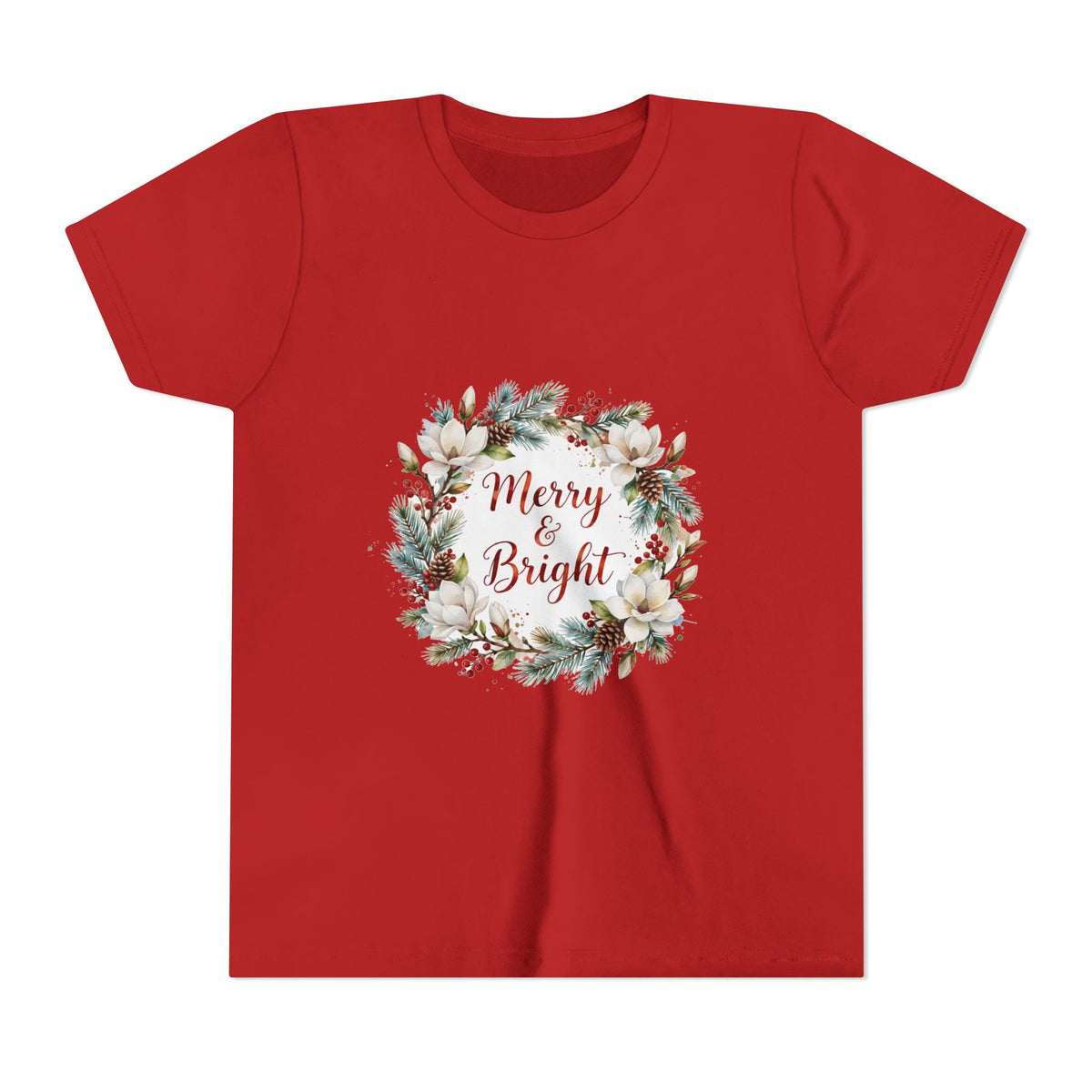 Merry & Bright Kids T-Shirt — Magnolia Wreath Christmas Tee