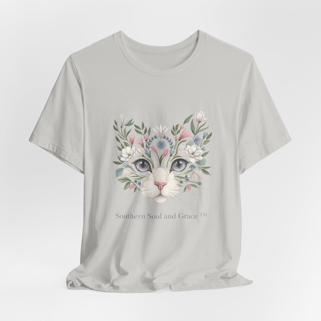 Floral Cat Face Tee — Watercolor Kitty Floral Illustration T-Shirt
