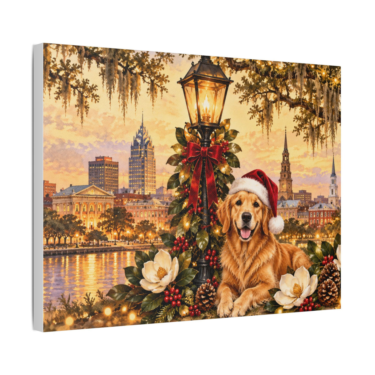 Golden Retriever with Santa Hat Satin Canvas Mobile Alabama Landscape - view 17