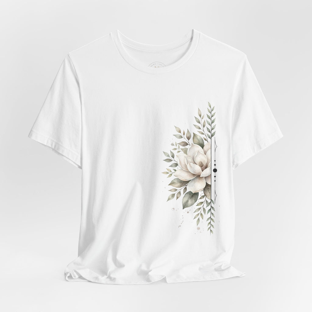Floral Magnolia Tee — Minimal Side Bouquet T-Shirt