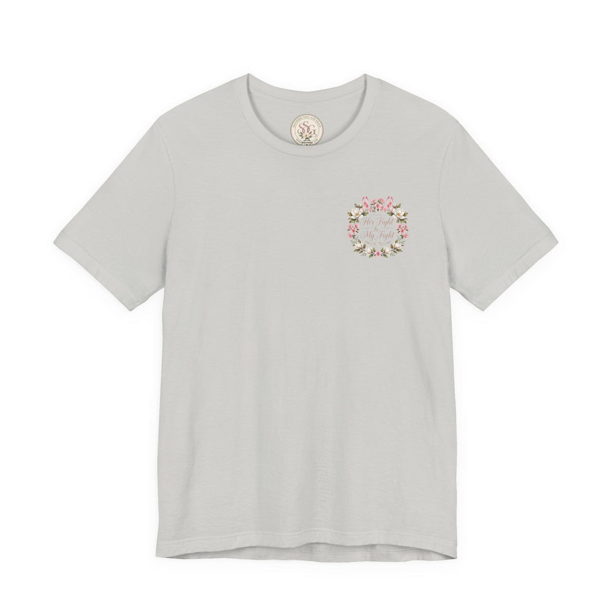 Breast Cancer Awareness Tee — "Her Fight Is My Fight" Floral Ribbon T-Shirt - view 2