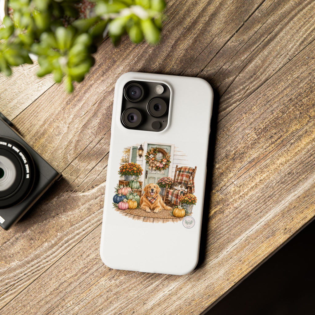 Autumn Porch Phone Case — Golden Retriever & Pumpkin Fall Design