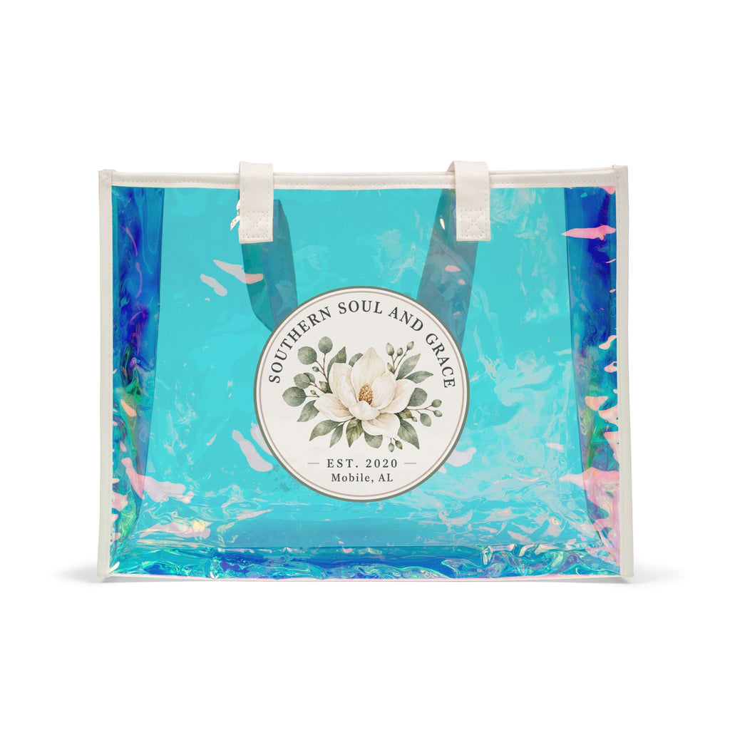 Holographic Beach Tote Bag — Iridescent Clear Carryall with Floral or Paw Design