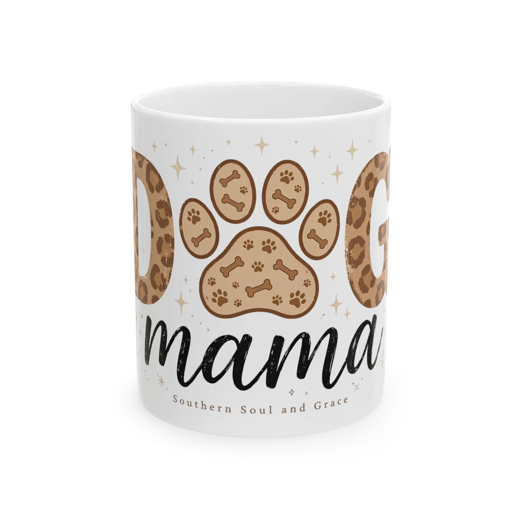 Dog Mama ceramic mug with leopard paw print design