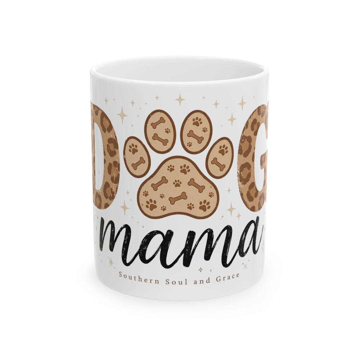 Dog Mama ceramic mug with leopard paw print design