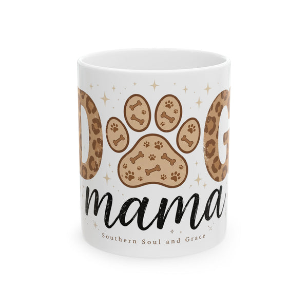 Dog Mama ceramic mug with leopard paw print design