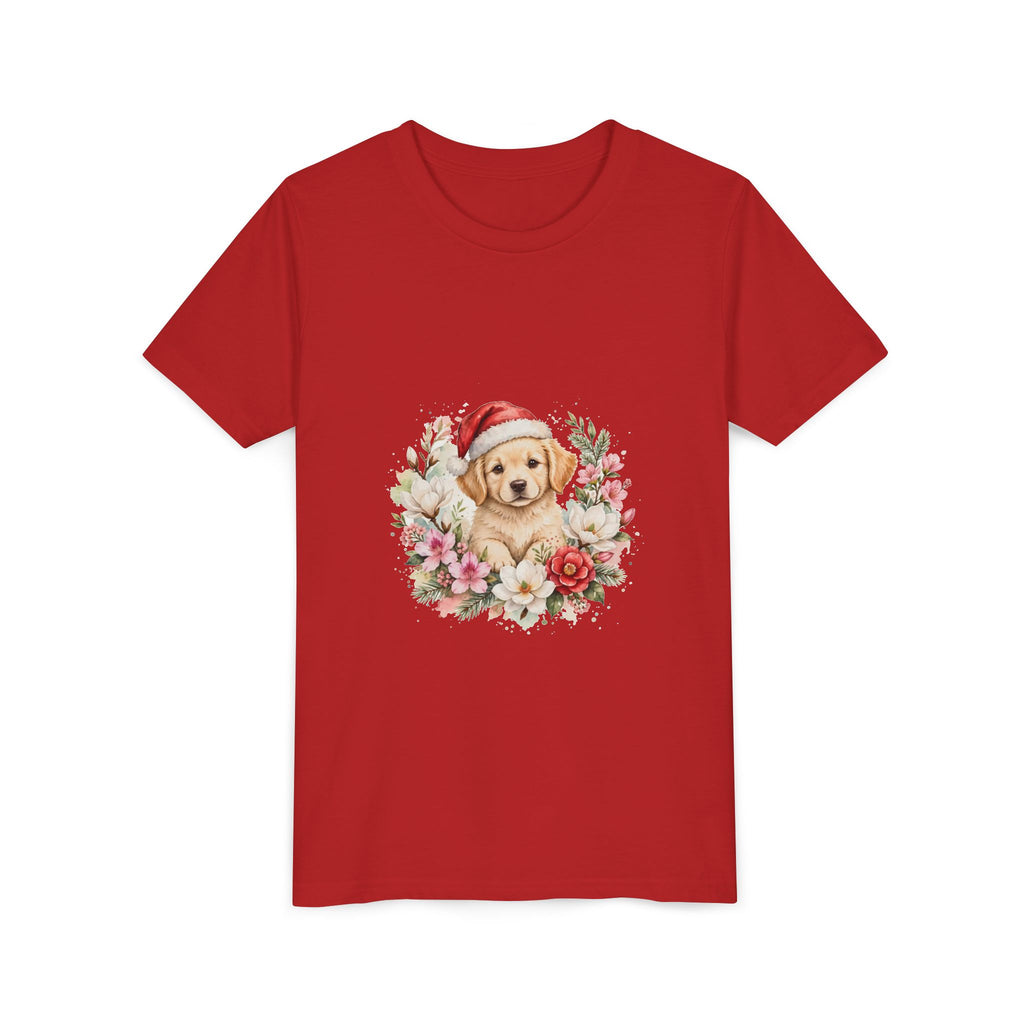 Christmas Puppy Kids T-Shirt — Puppy Santa Hat Floral Tee