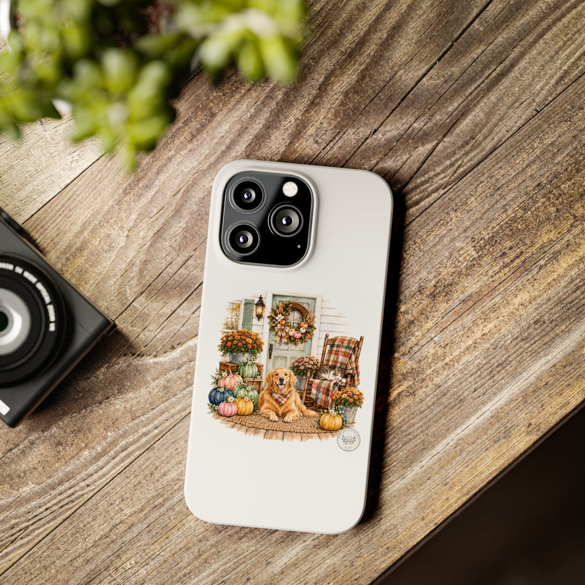 Autumn Porch Phone Case — Golden Retriever & Pumpkin Fall Design