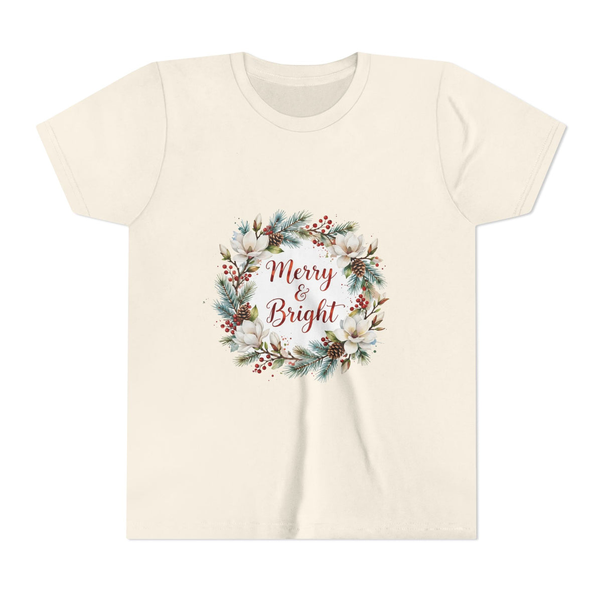 Merry & Bright Kids T-Shirt — Magnolia Wreath Christmas Tee