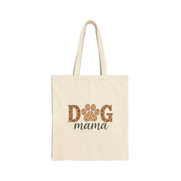 Dog Mama canvas tote bag with leopard paw print
