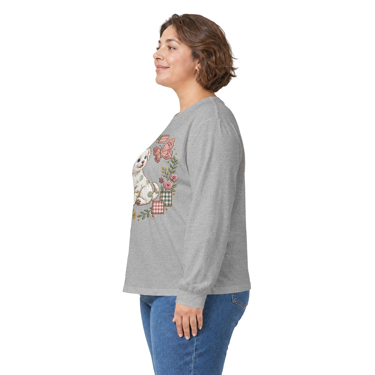 Cute Puppy Wreath Long Sleeve Tee — Floral Paw & Butterfly Design