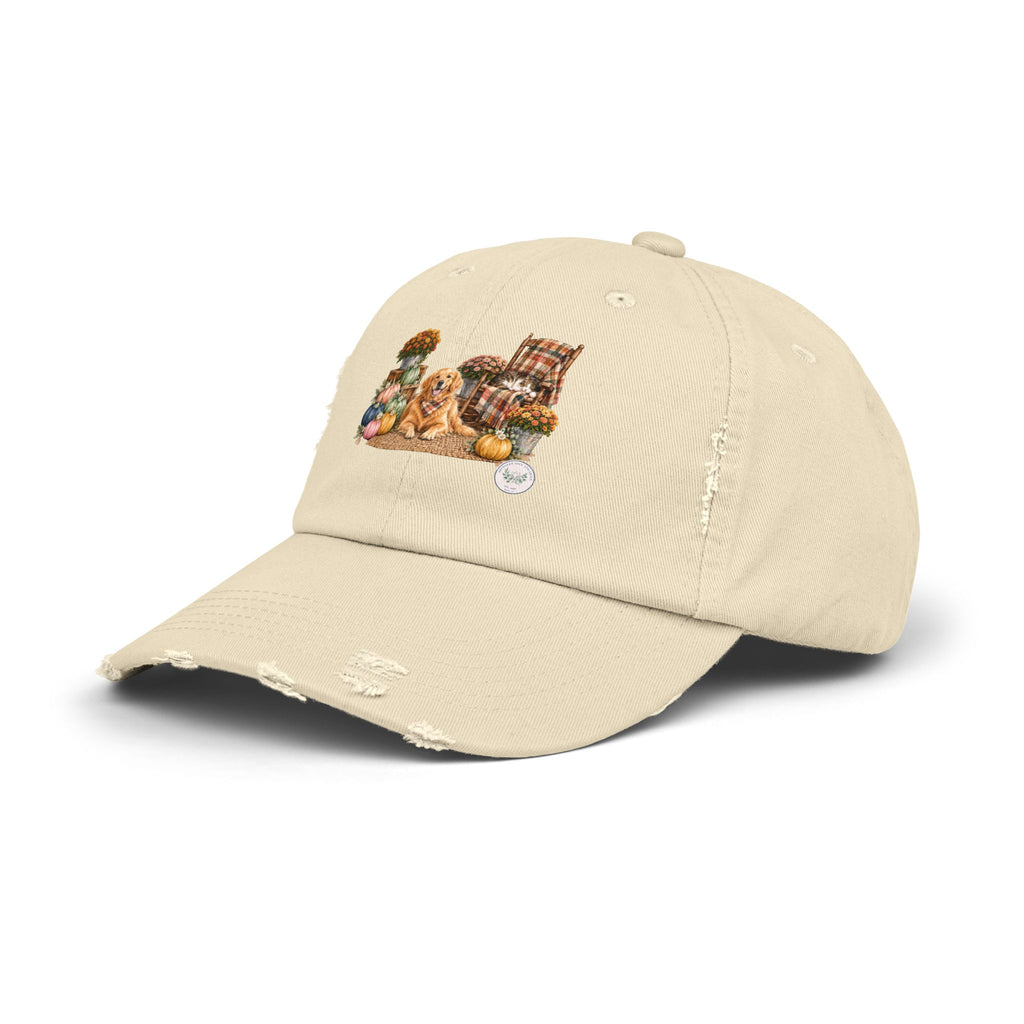 Autumn Cozy Dog Distressed Cap — Fall Pumpkins & Plaid Chair Design