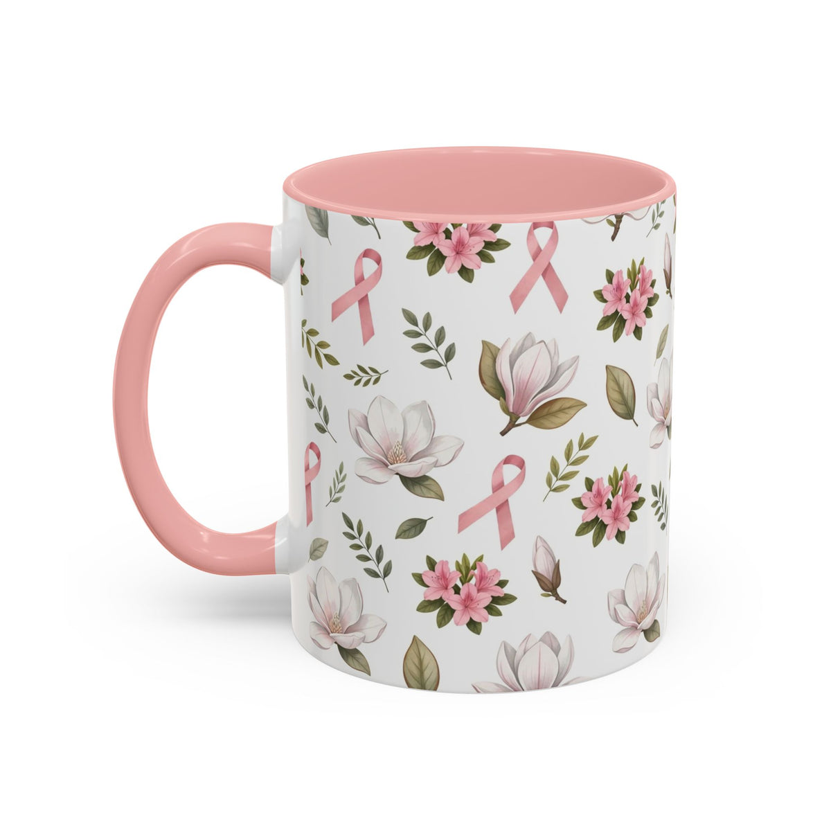 Breast Cancer Awareness Floral Accent Coffee Mug — Pink Ribbon 11/15oz