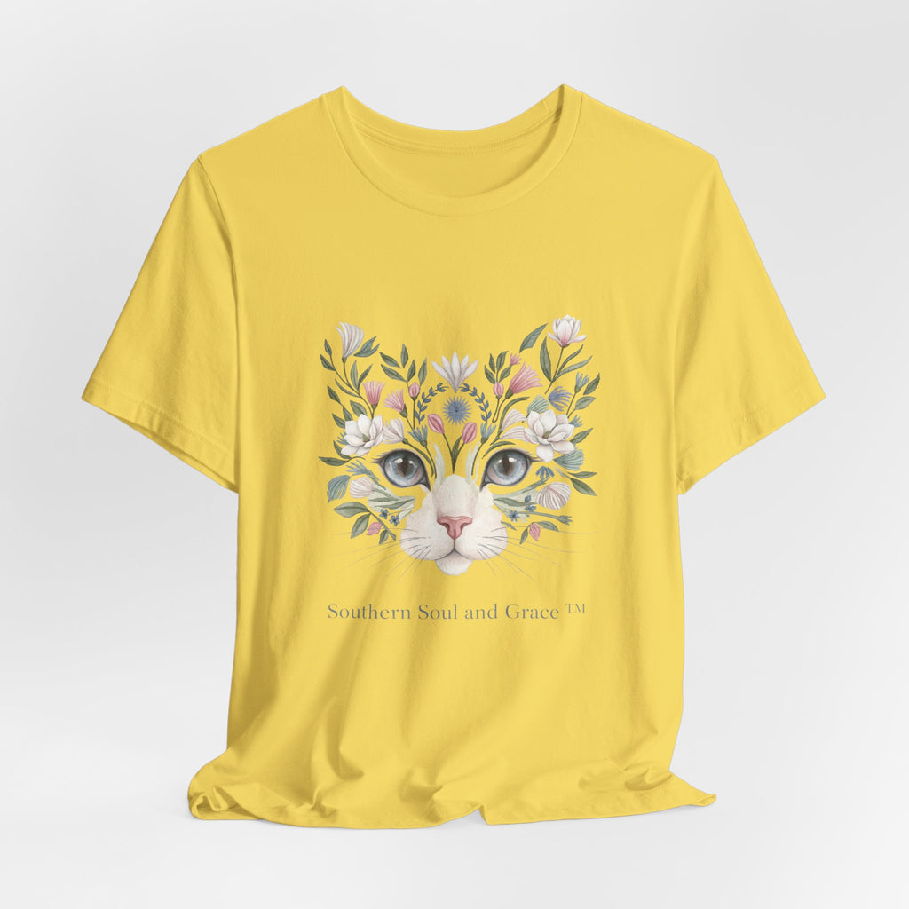 Floral Cat Face Tee — Watercolor Kitty Floral Illustration T-Shirt