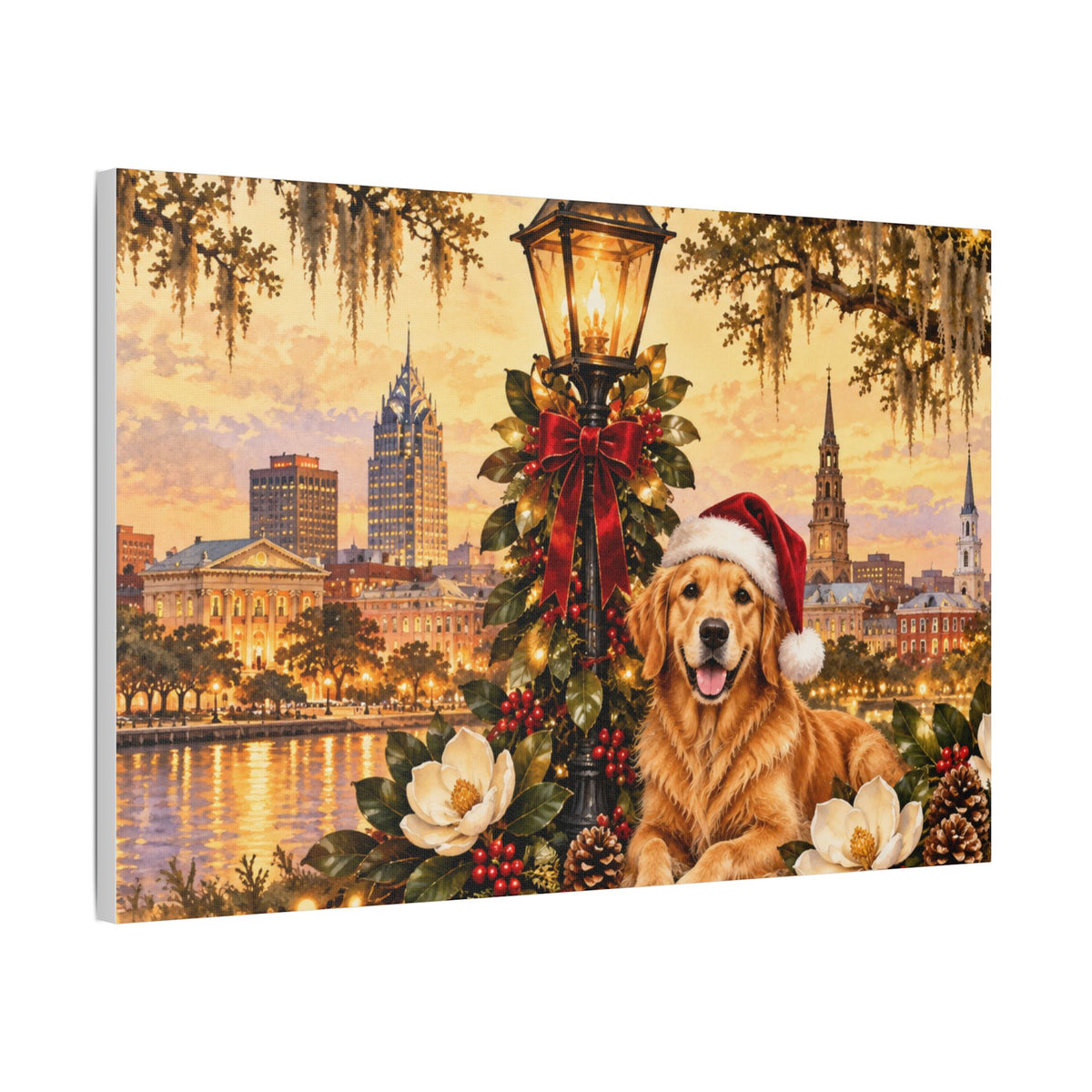 Golden Retriever with Santa Hat Satin Canvas Mobile Alabama Landscape - view 21