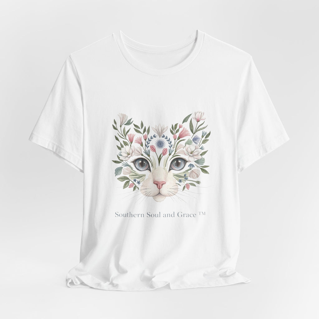 Floral Cat Face Tee — Watercolor Kitty Floral Illustration T-Shirt