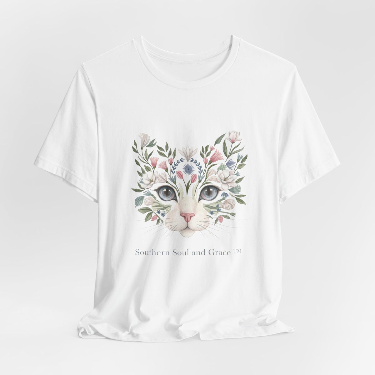 Floral Cat Face Tee — Watercolor Kitty Floral Illustration T-Shirt