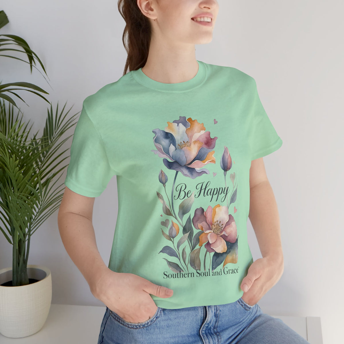 Be Happy Floral Tee — Watercolor Flowers Inspirational Quote T-Shirt