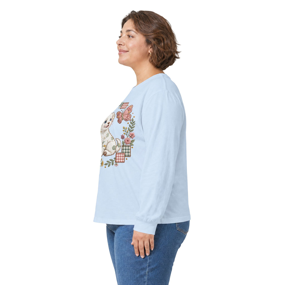 Cute Puppy Wreath Long Sleeve Tee — Floral Paw & Butterfly Design