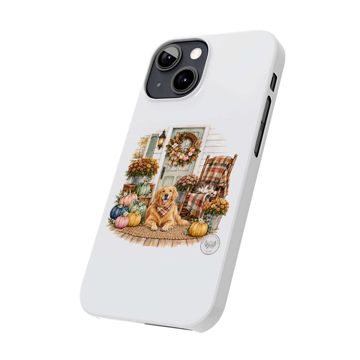 Autumn Porch Phone Case — Golden Retriever & Pumpkin Fall Design