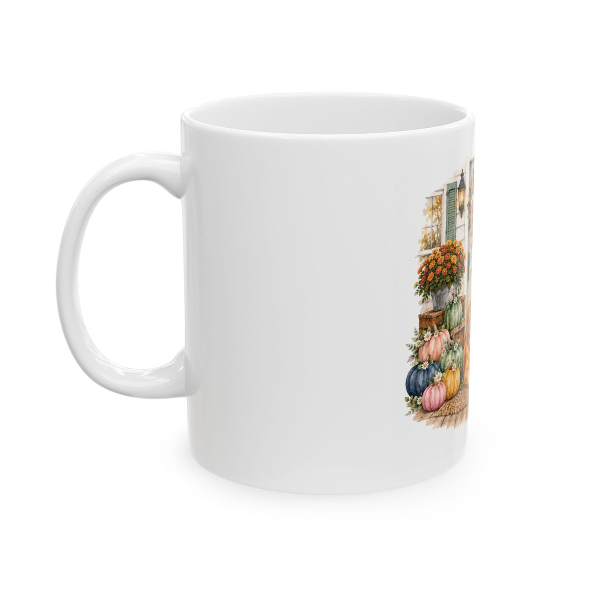 Autumn Porch Golden Retriever Ceramic Mug – Fall Pumpkin & Plaid Coffee Cup (11oz/15oz)