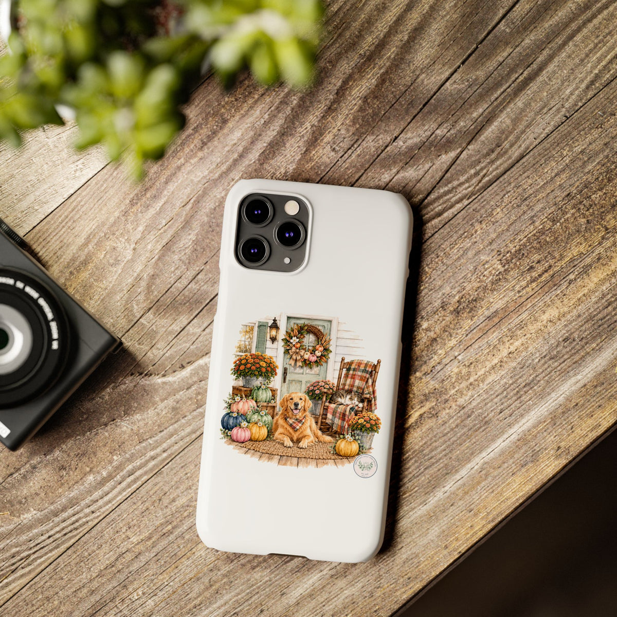Autumn Porch Phone Case — Golden Retriever & Pumpkin Fall Design