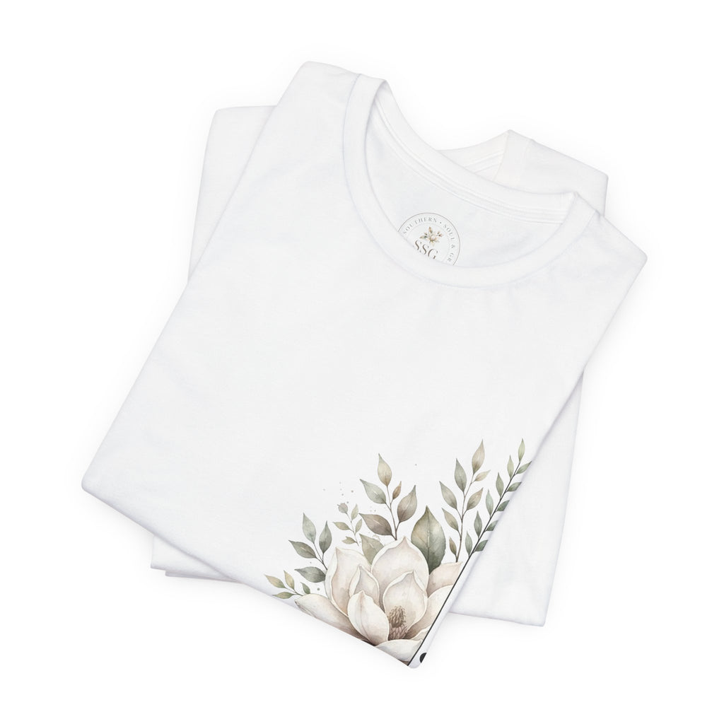 Floral Magnolia Tee — Minimal Side Bouquet T-Shirt