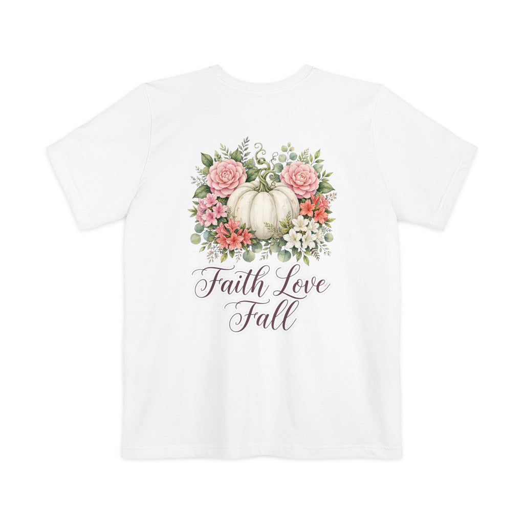Faith Love Fall Pocket T-Shirt — Floral Pumpkin Autumn Tee