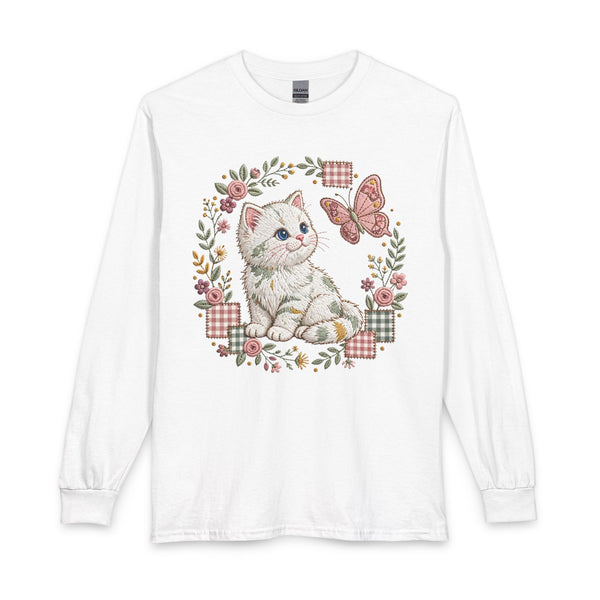 Long sleeve tee with cute kitten, butterfly, and vintage florals