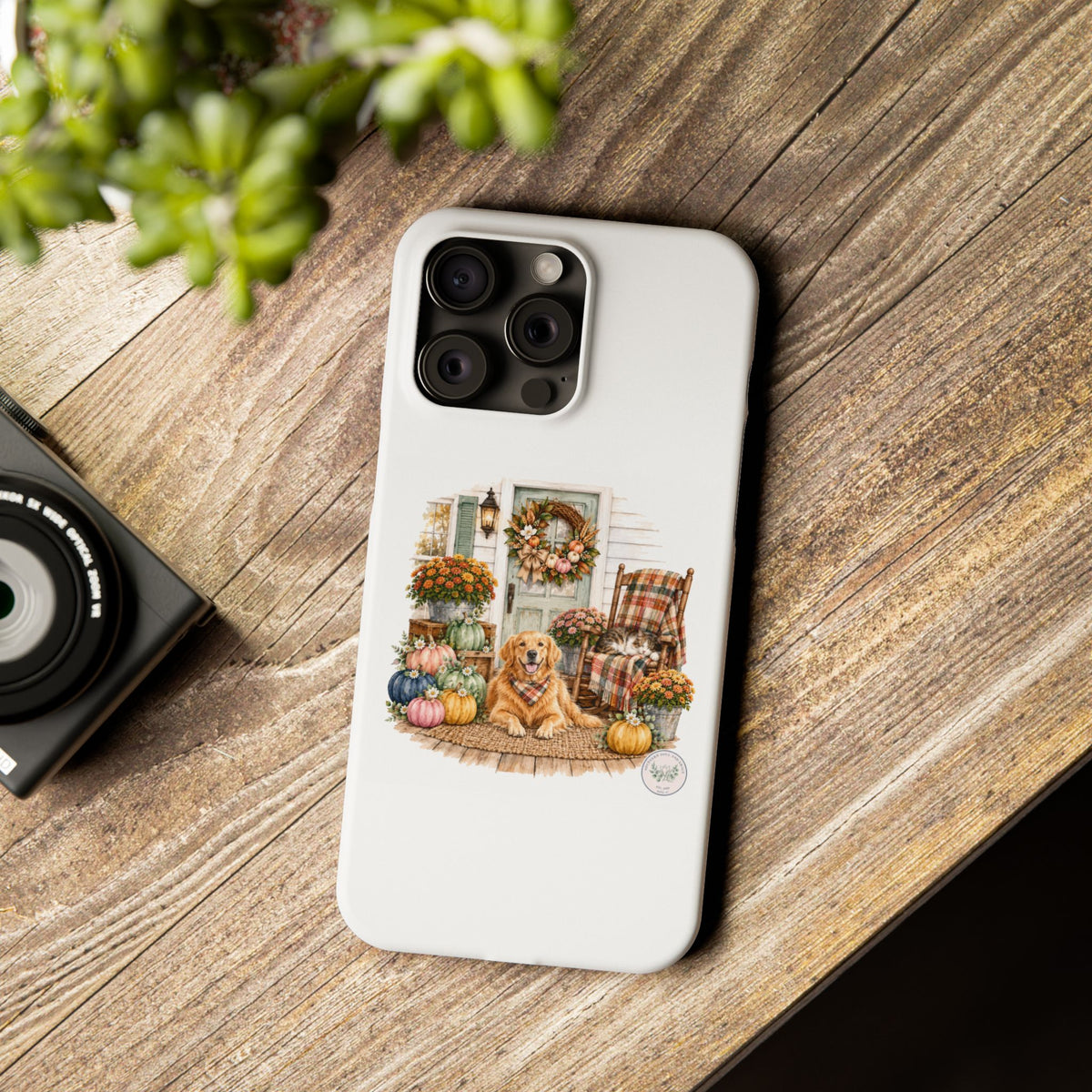 Autumn Porch Phone Case — Golden Retriever & Pumpkin Fall Design