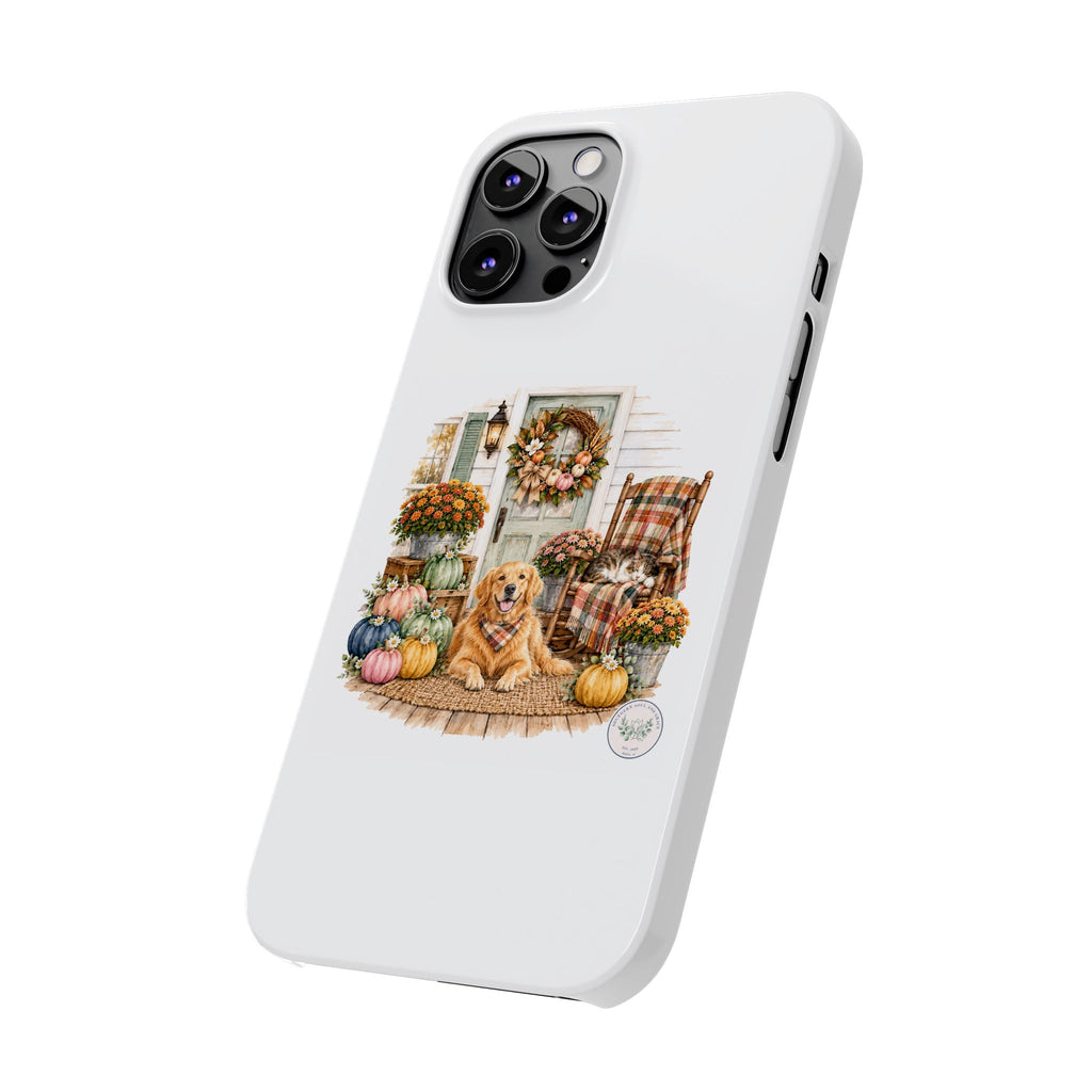 Autumn Porch Phone Case — Golden Retriever & Pumpkin Fall Design