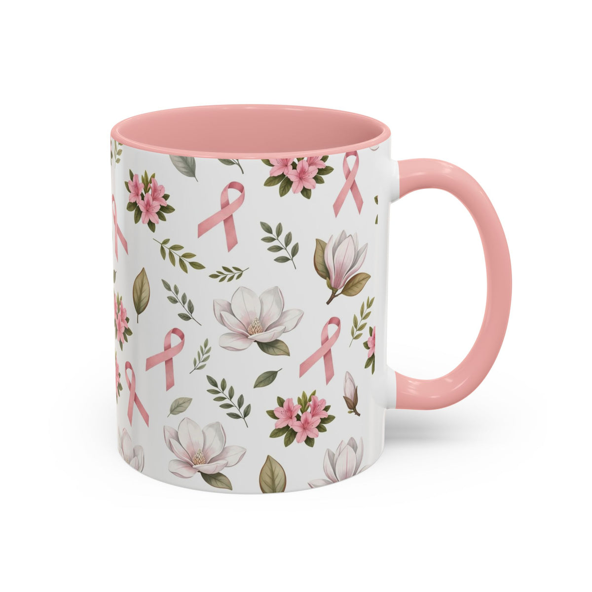 Breast Cancer Awareness Floral Accent Coffee Mug — Pink Ribbon 11/15oz